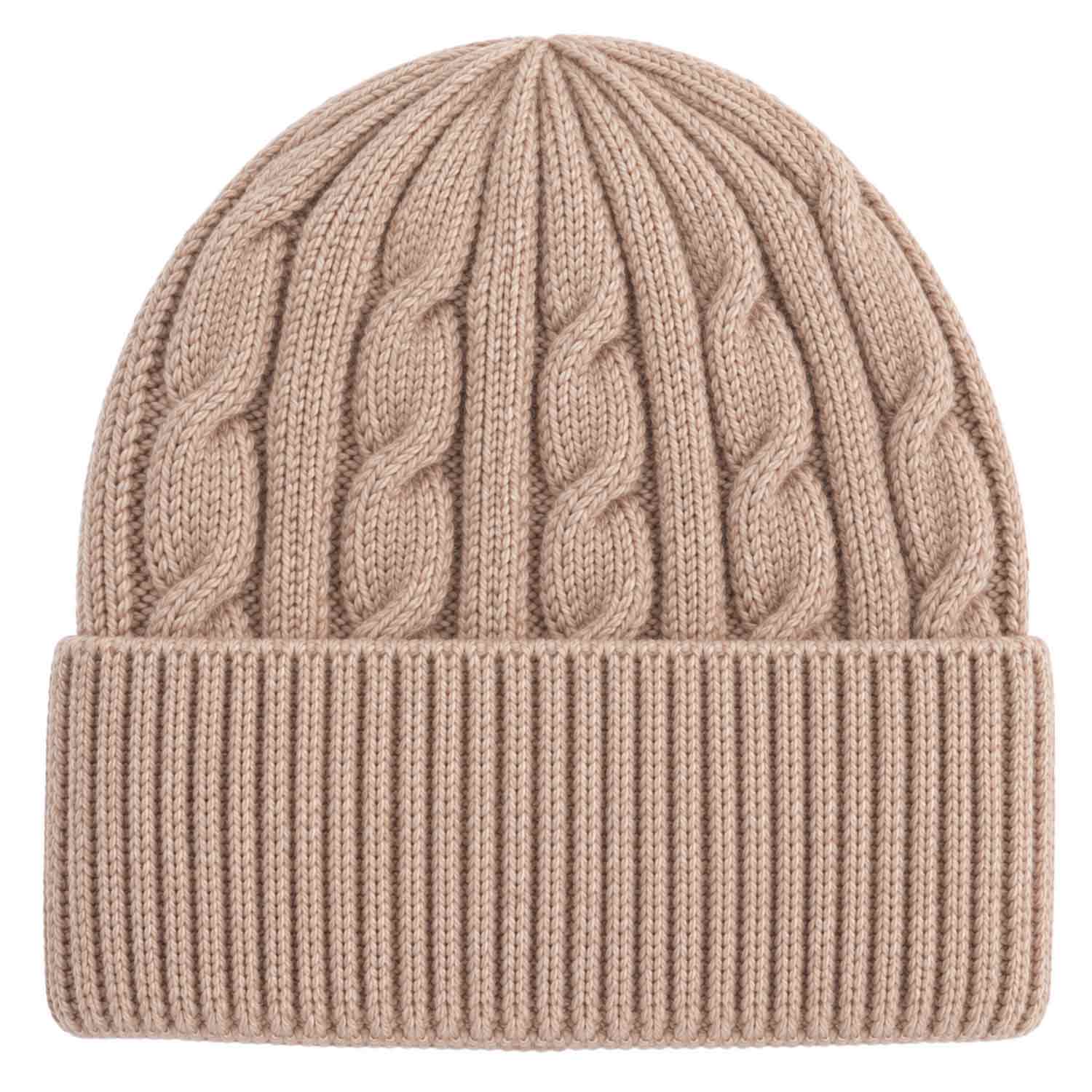Cashmera Beanie Strickmütze mit Zopfmuster und Umschlag - khaki Abbildung 1