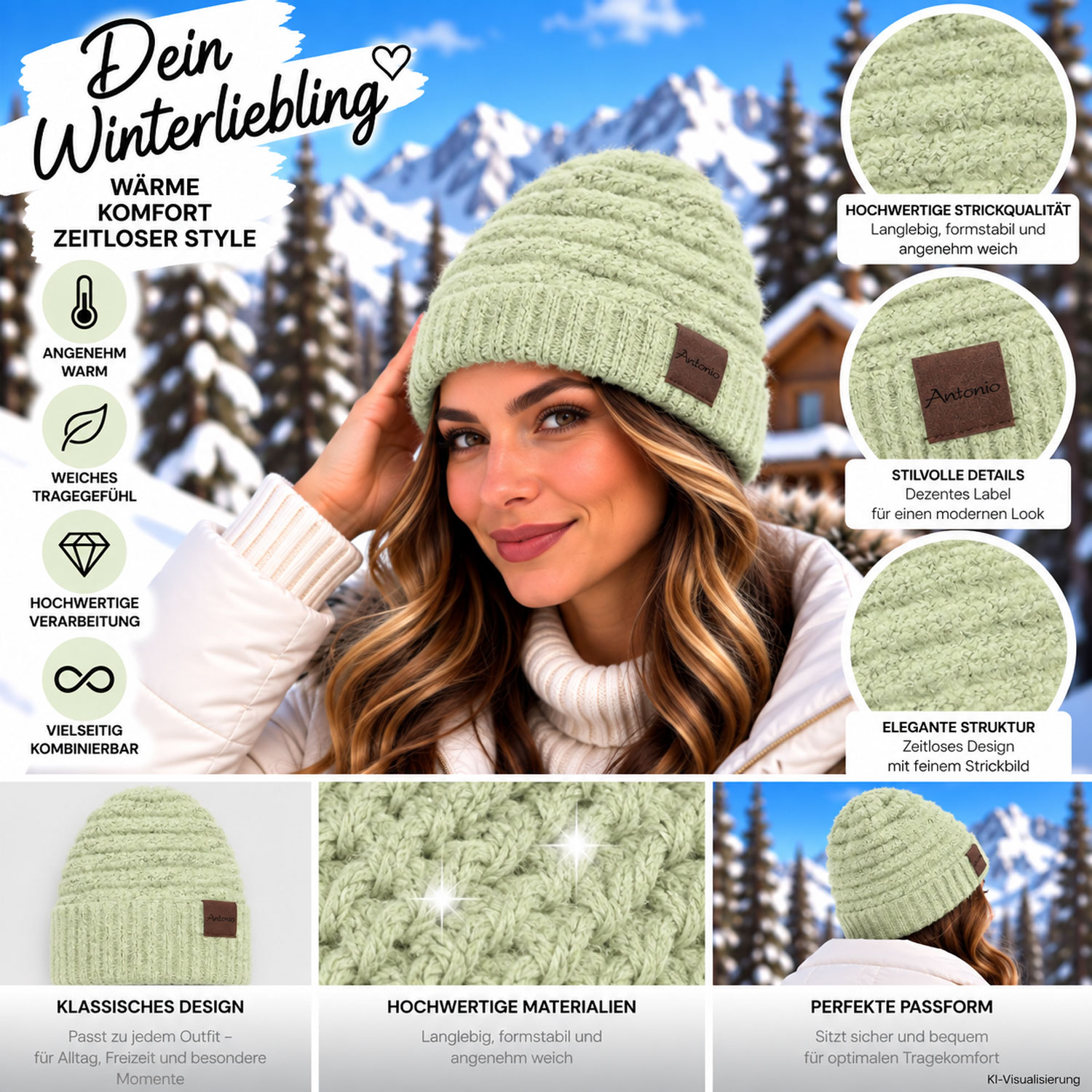 Antonio Damen Strick Mütze Bouclé Beanie - Green Abbildung 3