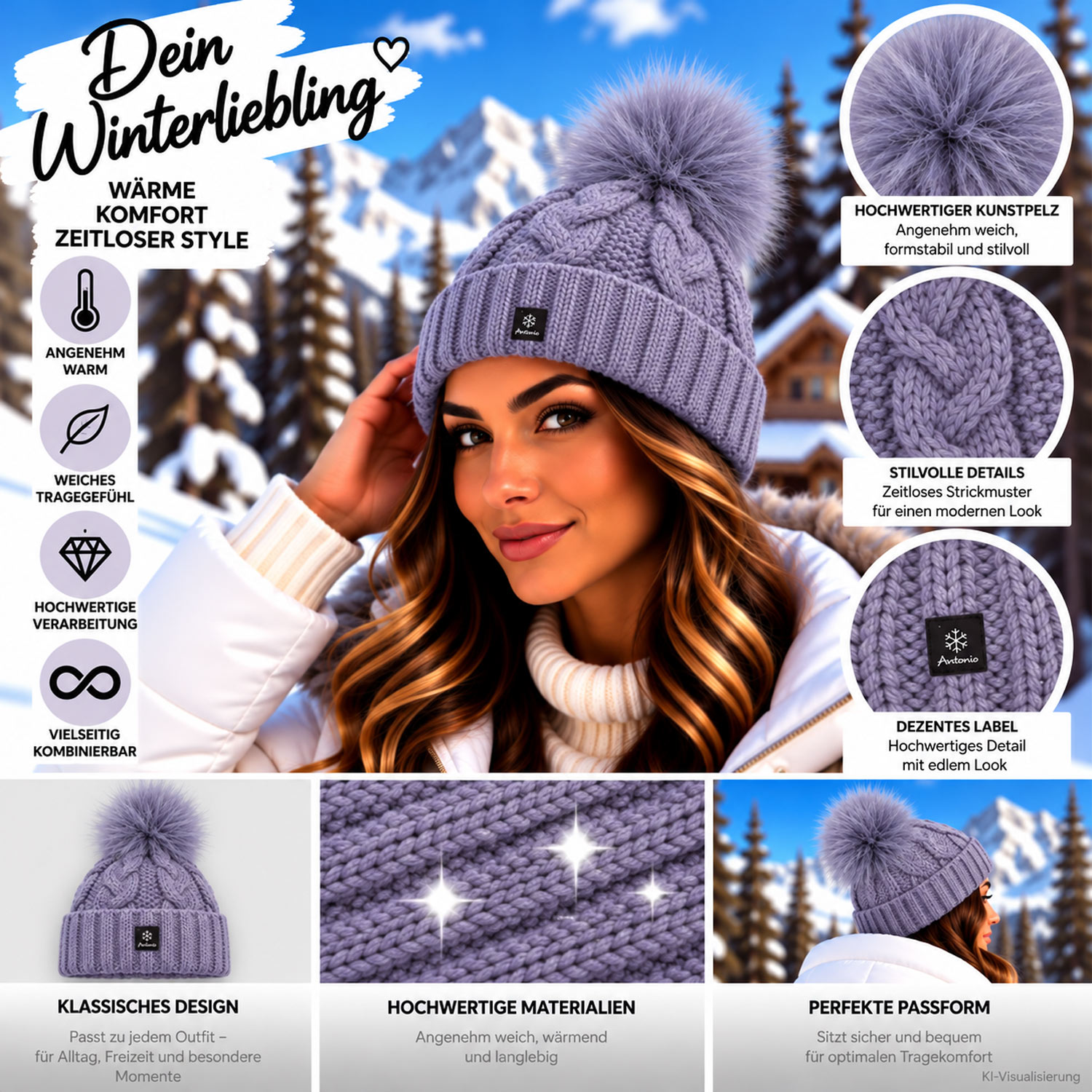 Antonio Damen Strick Mütze Beanie - lavender Abbildung 3