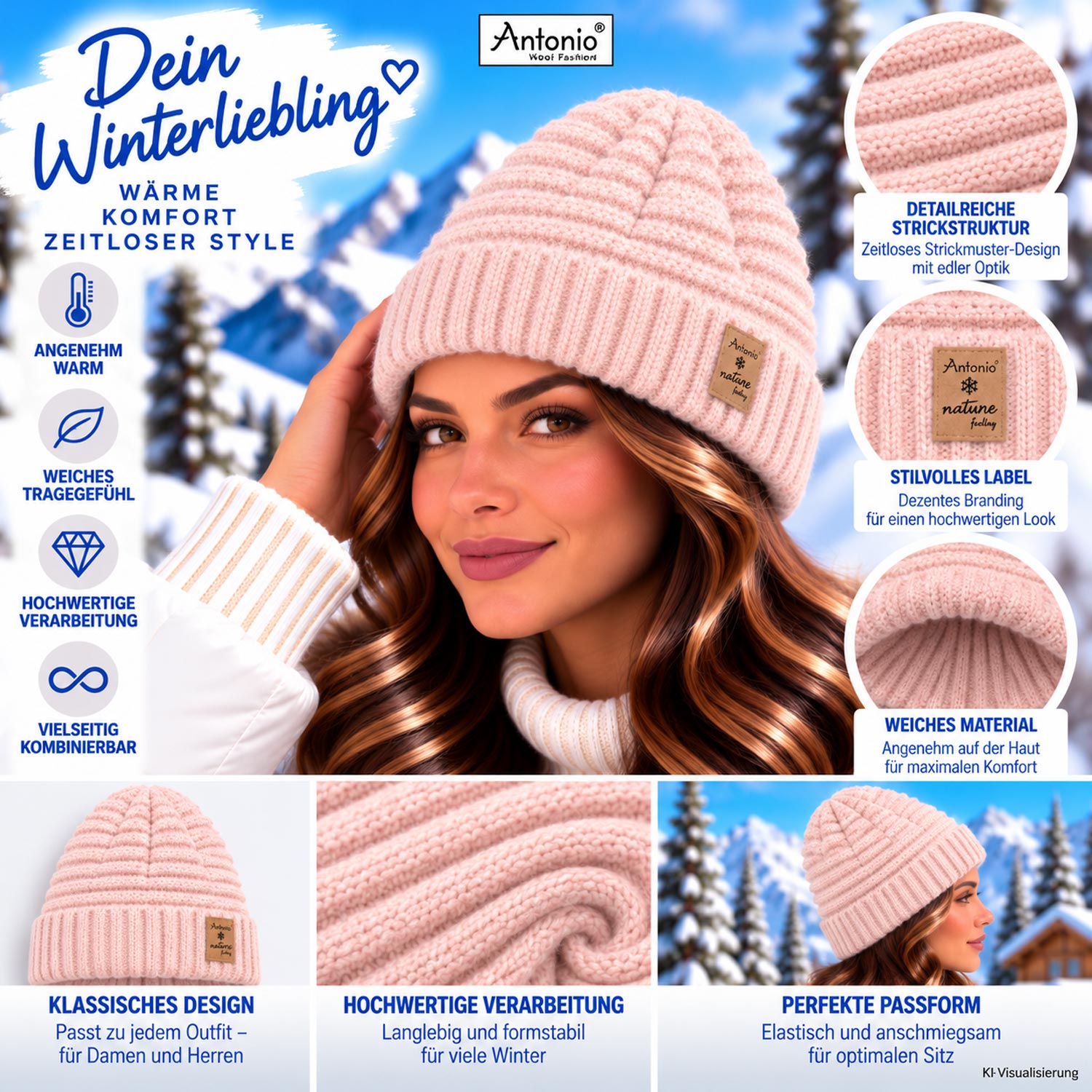 Antonio Damen Strick Mütze Bouclé Beanie - Rosa Abbildung 3