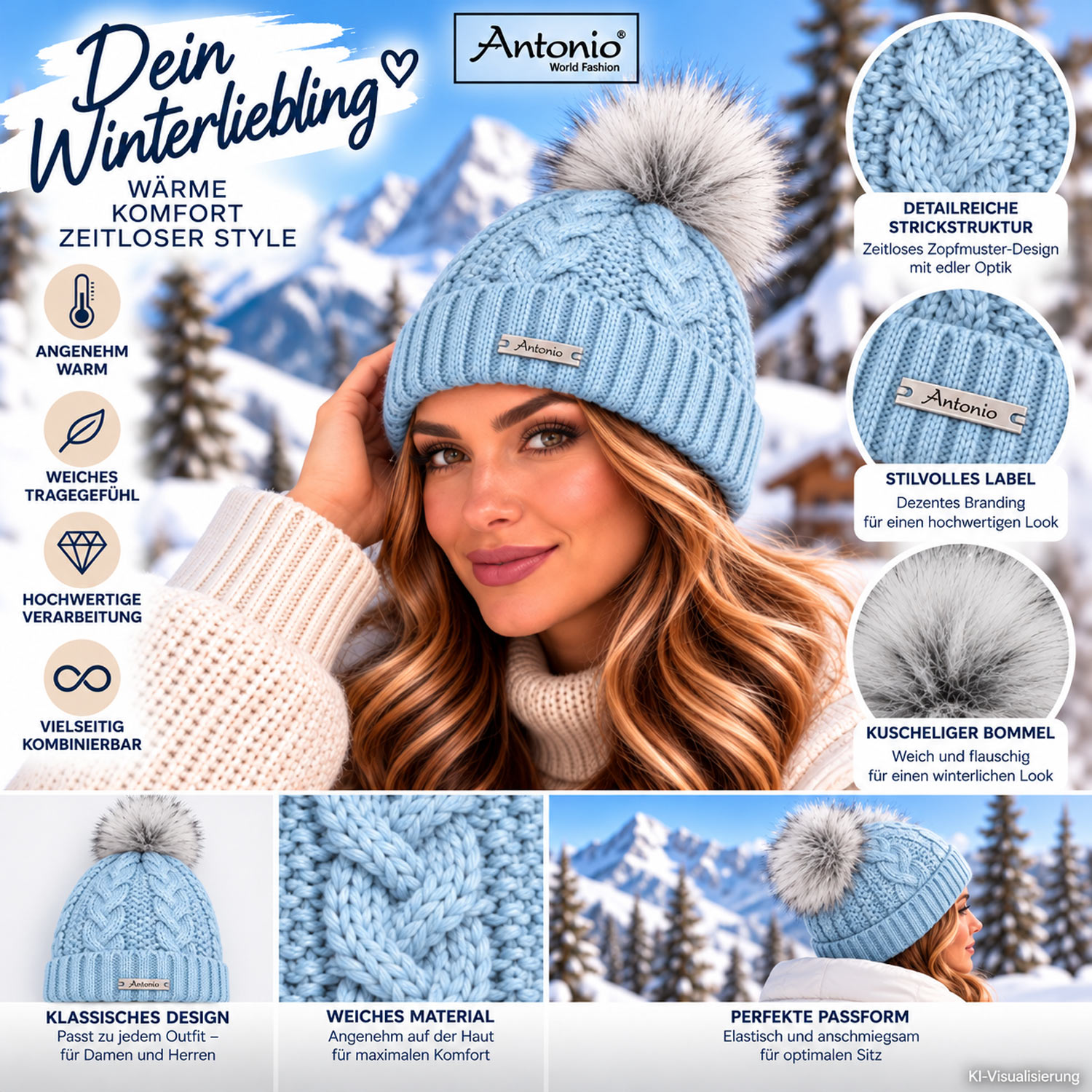 Antonio Winter Strick Mütze Beanie - ice blue Abbildung 3