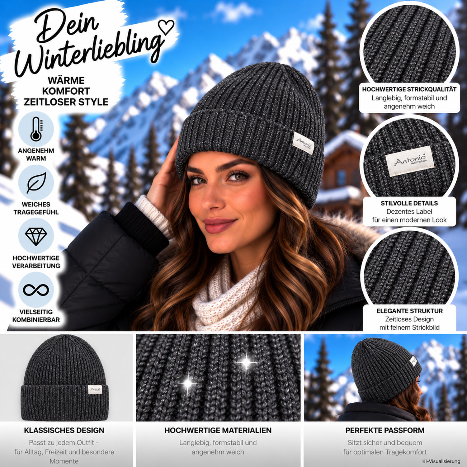 Antonio Strickmütze Beanie mit Lurex und Umschlag W23/24 dark grey Abbildung 3