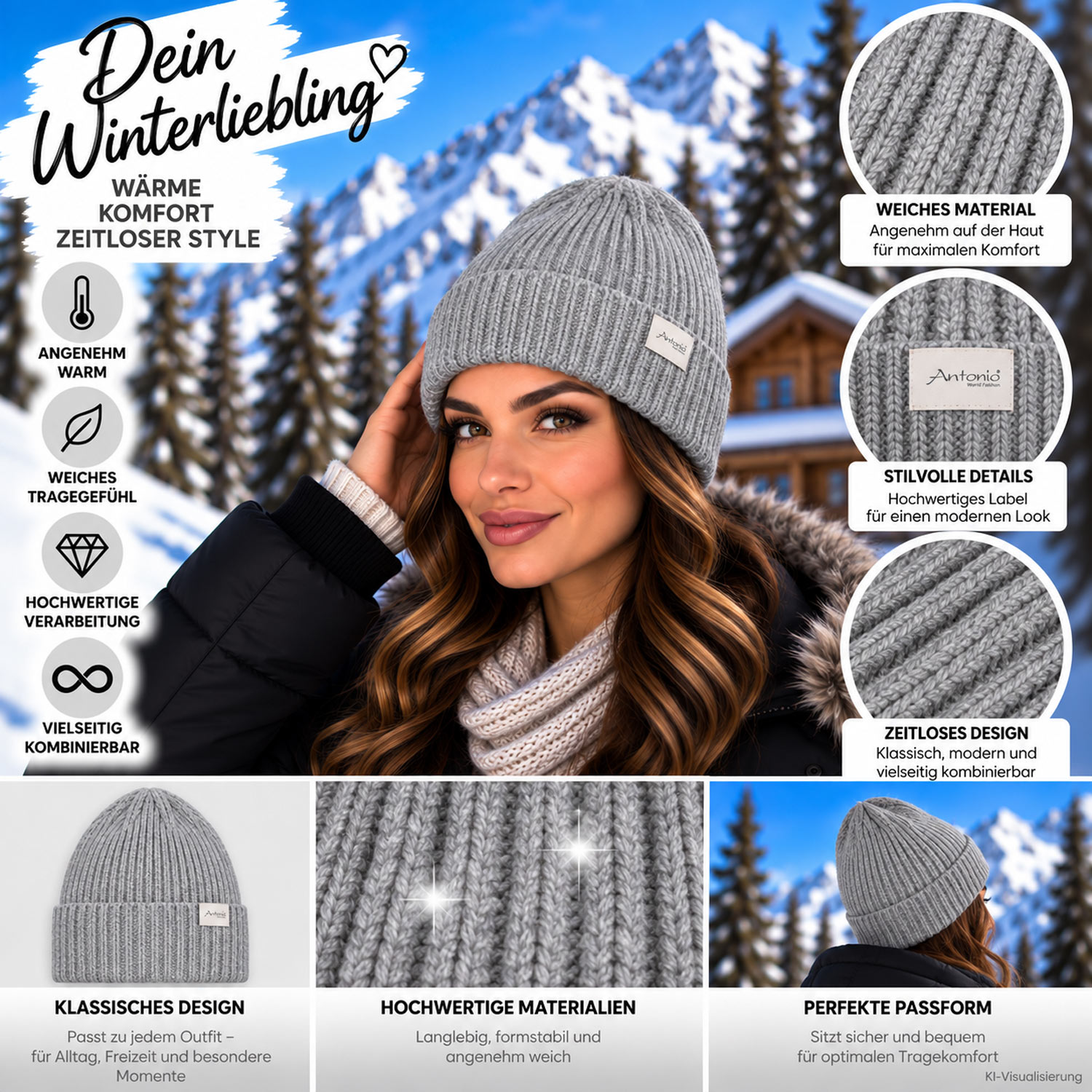 Antonio Winter Strickmütze Beanie mit Umschlag - hell grau Abbildung 3