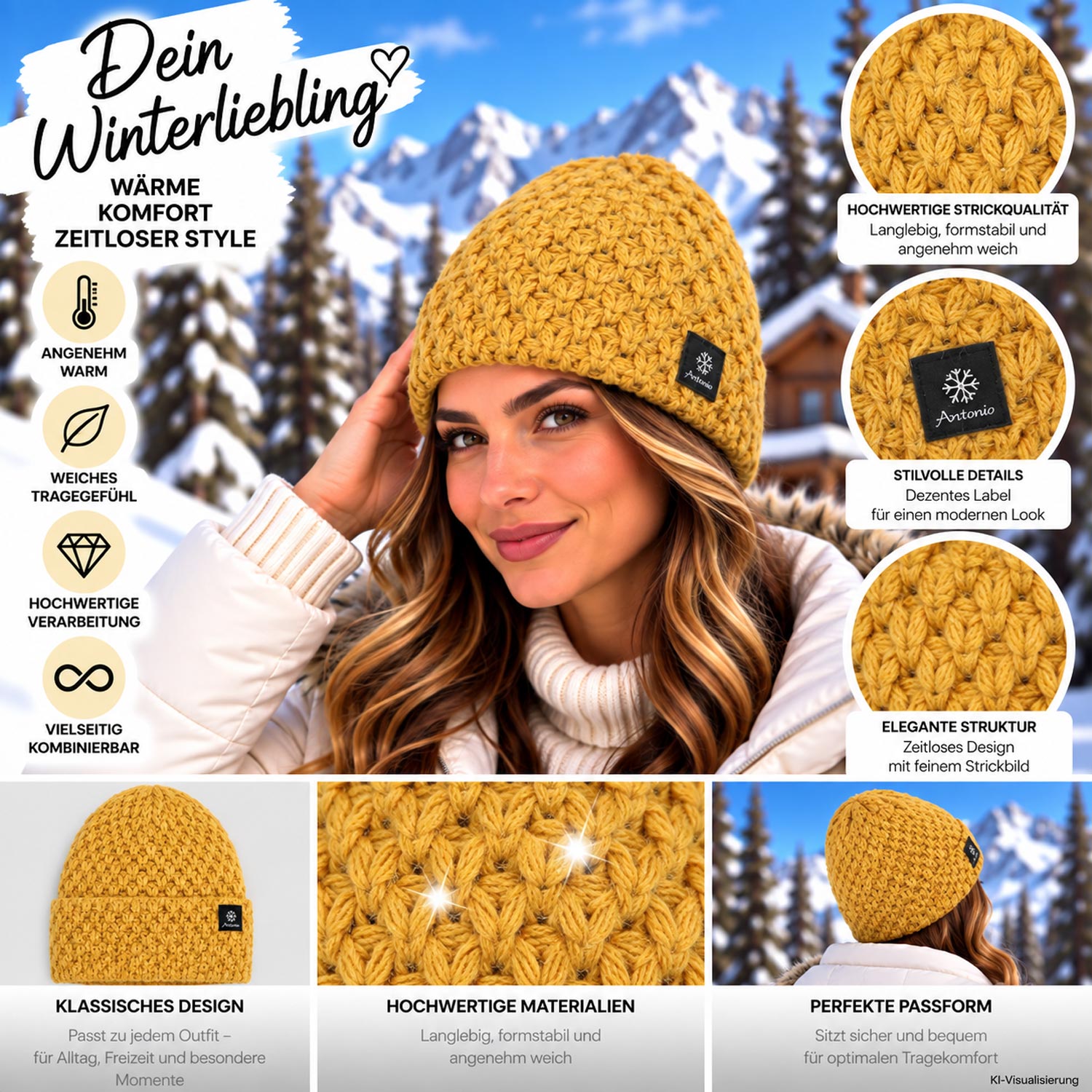 Antonio Damen Winter Strickmütze Beanie - yellow Abbildung 3