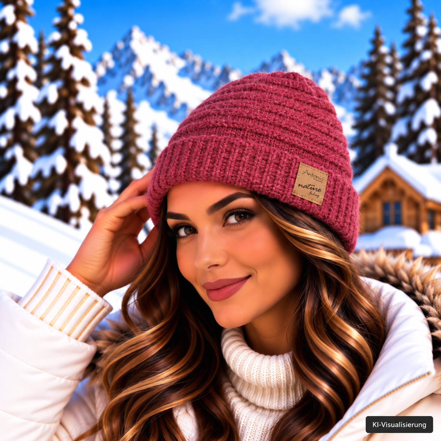 Antonio Damen Strick Mütze Bouclé Beanie - berry Abbildung 2