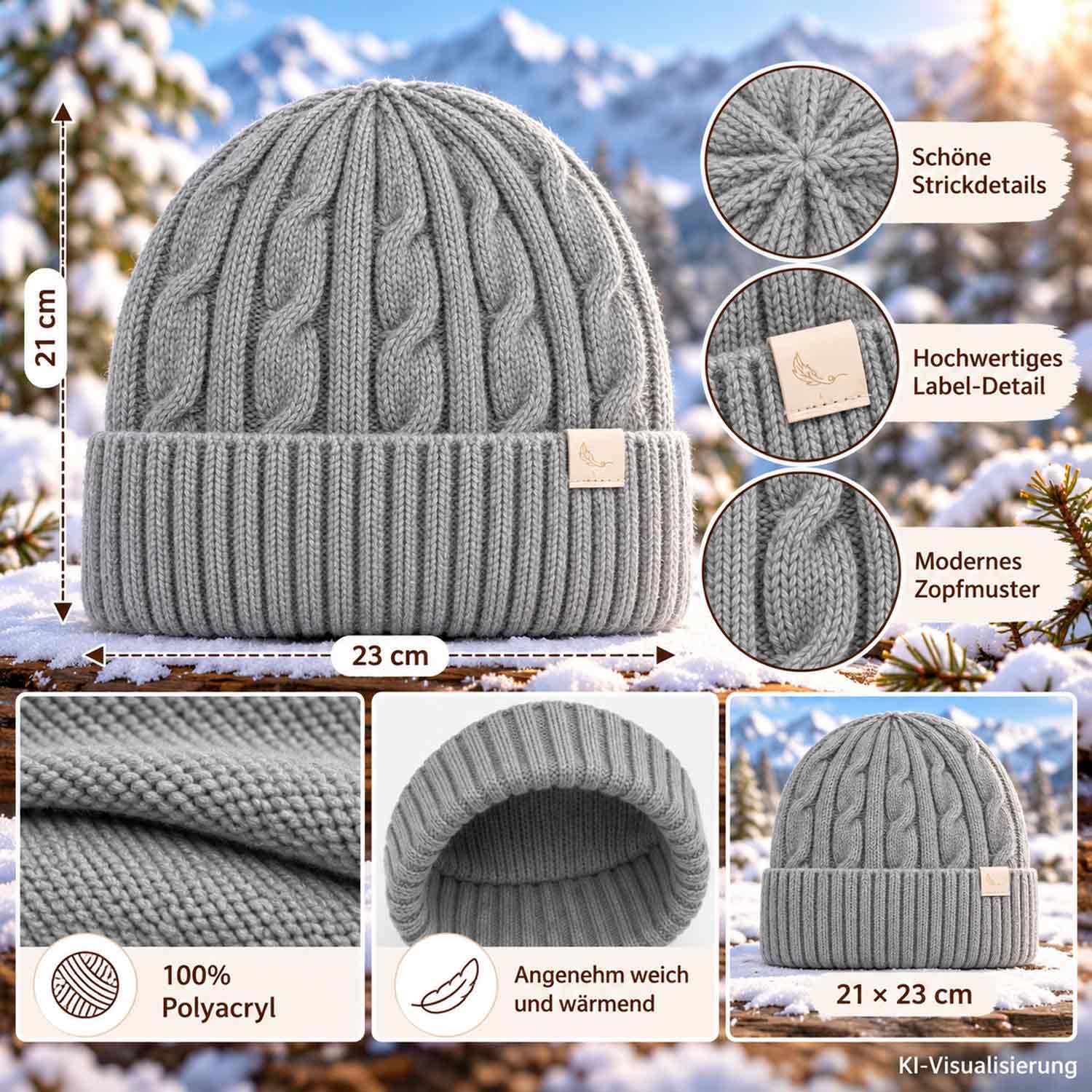 Cashmera Beanie Strickmütze mit Zopfmuster und Umschlag - grey Abbildung 3
