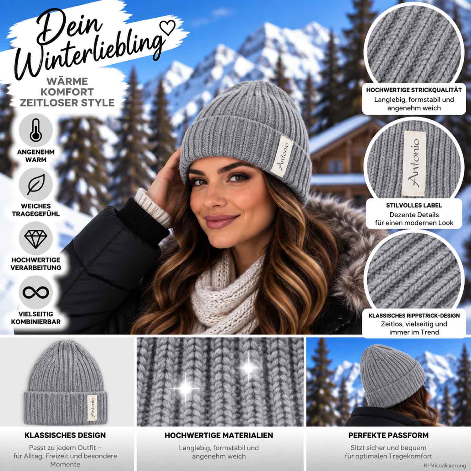 Antonio Winter Strickmütze Beanie mit Umschlag - Light grey Abbildung 3
