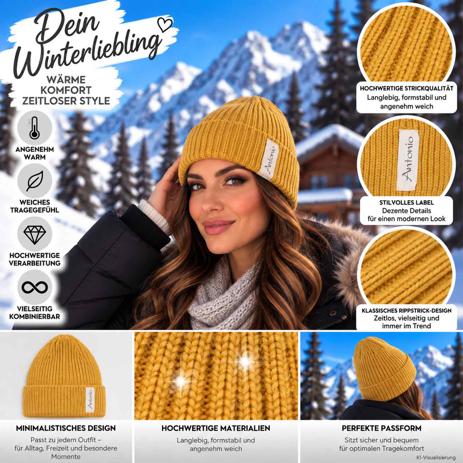 Antonio Winter Strickmütze Beanie mit Umschlag - yellow Abbildung 3