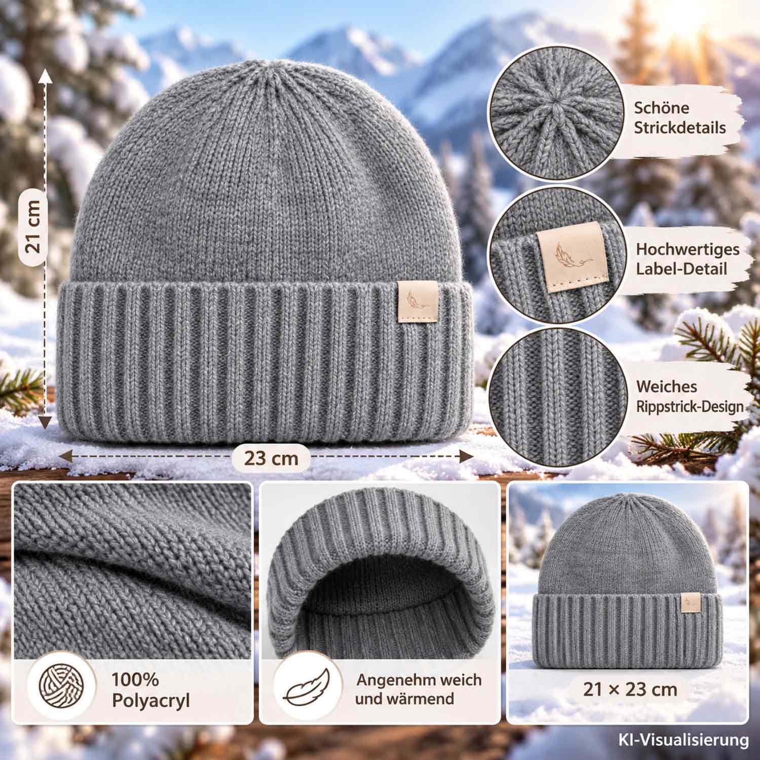Cashmera Beanie Strickmütze mit Umschlag - grey Abbildung 3
