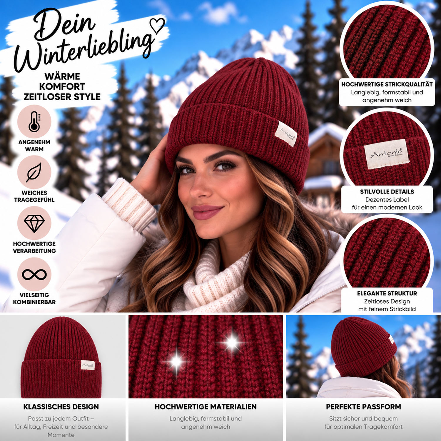 Antonio Winter Strickmütze Beanie mit Umschlag W23/24 bordeaux Abbildung 3