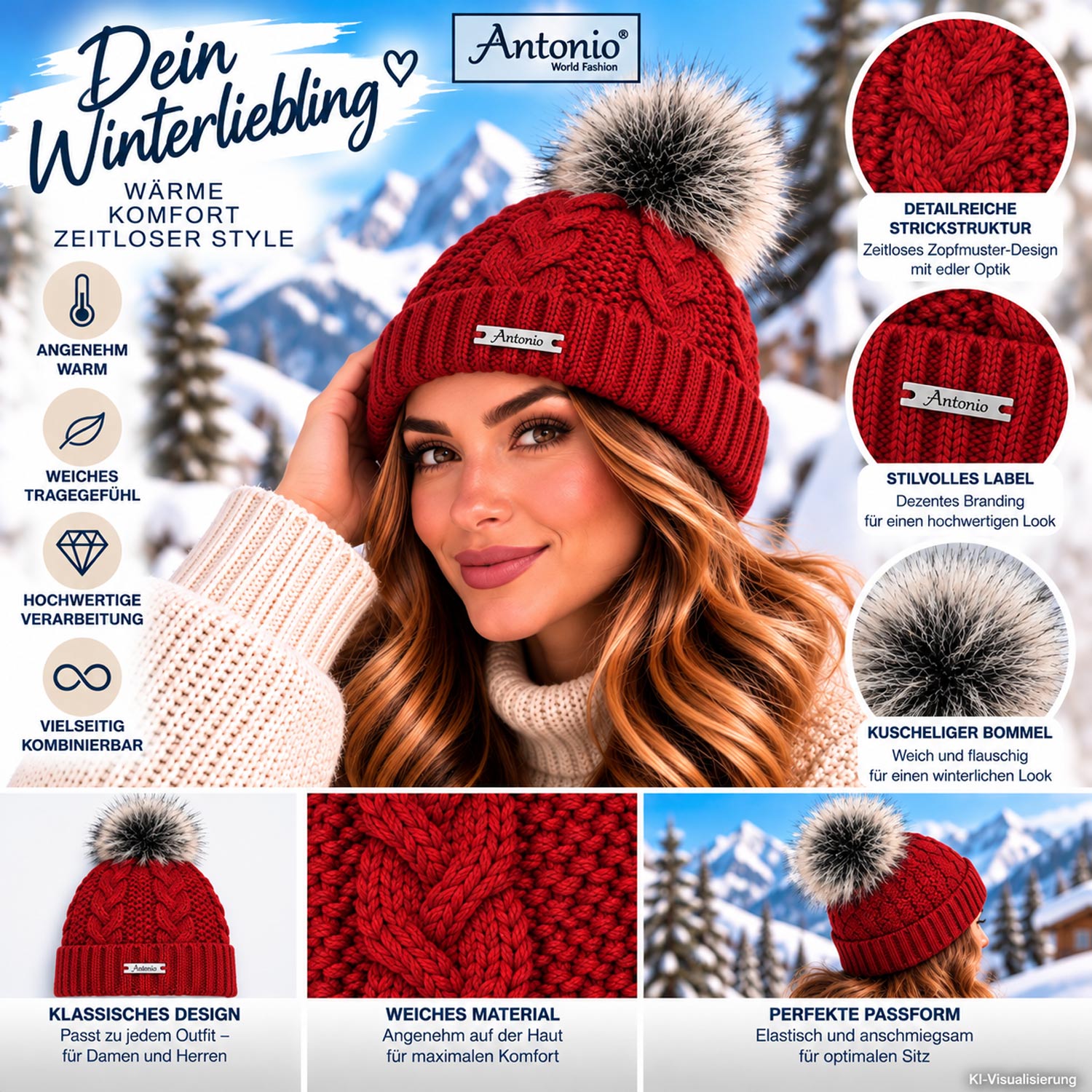 Antonio Winter Strick Mütze Beanie - Red Abbildung 3