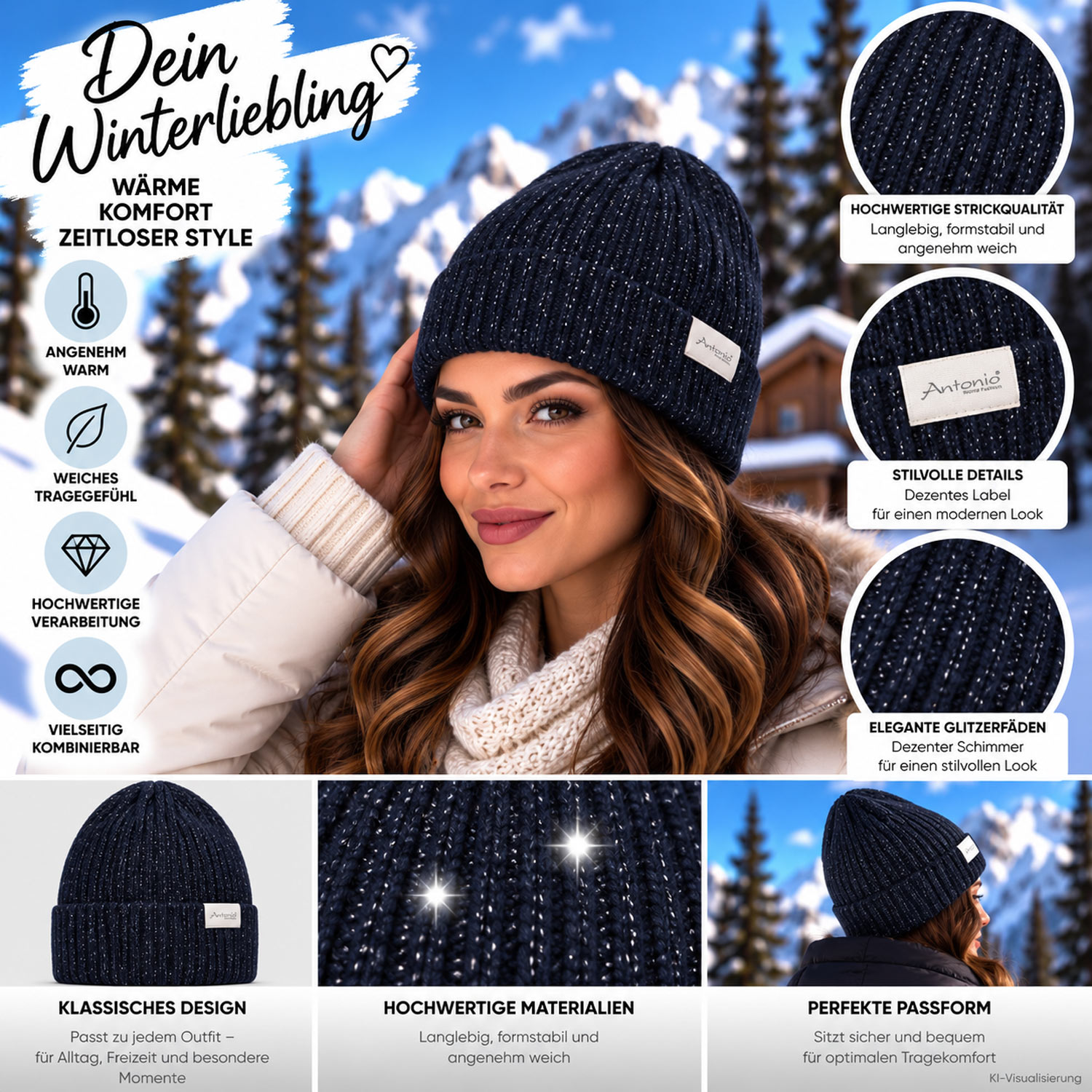 Antonio Strickmütze mit Lurex und Umschlag Beanie - navy Abbildung 3