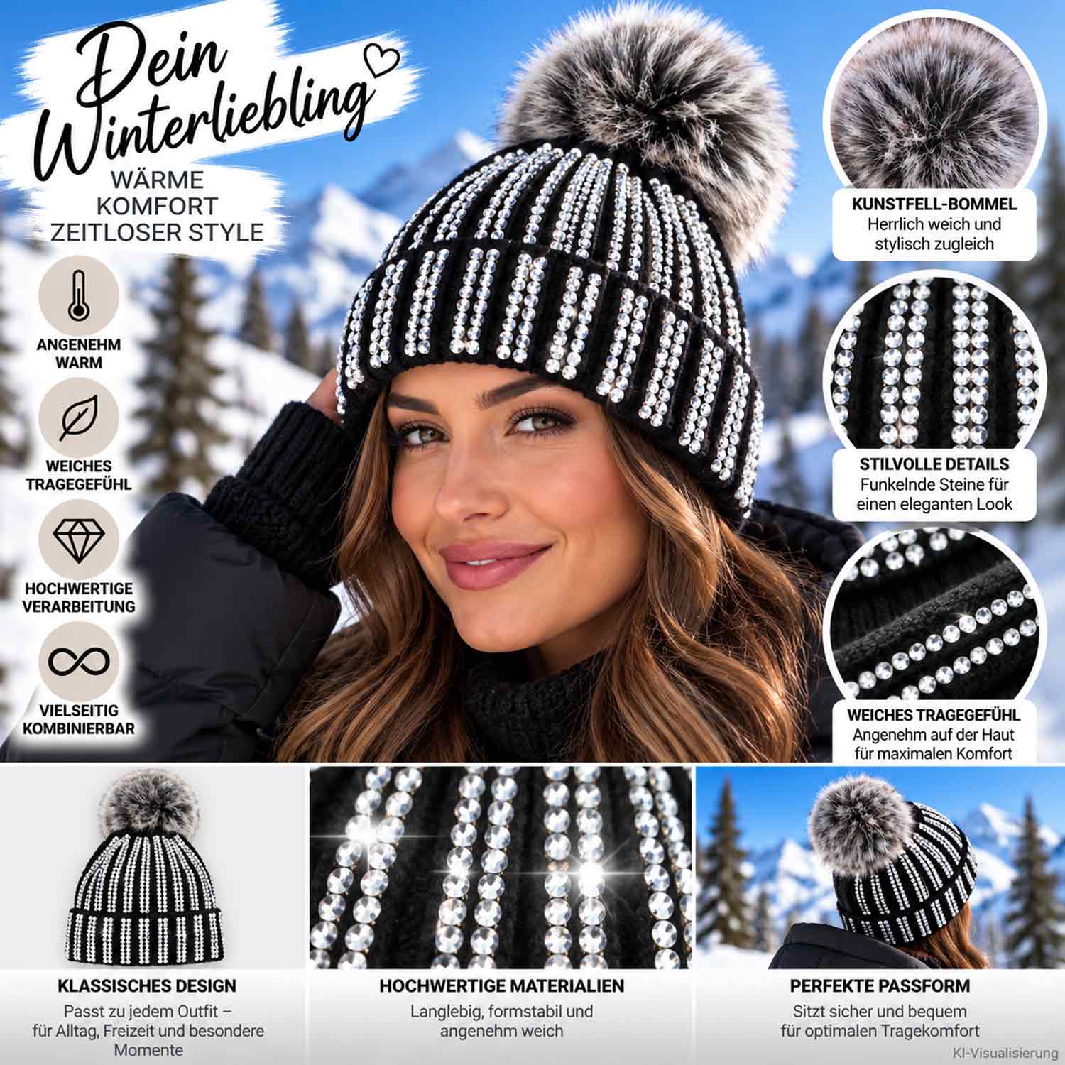 Antonio Strick Mütze Beanie mit Bommel und Pailletten - schwarz Abbildung 3