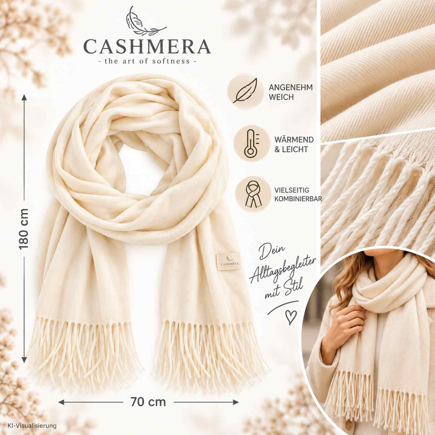 Cashmera Damen Winterschal - off white Abbildung 3