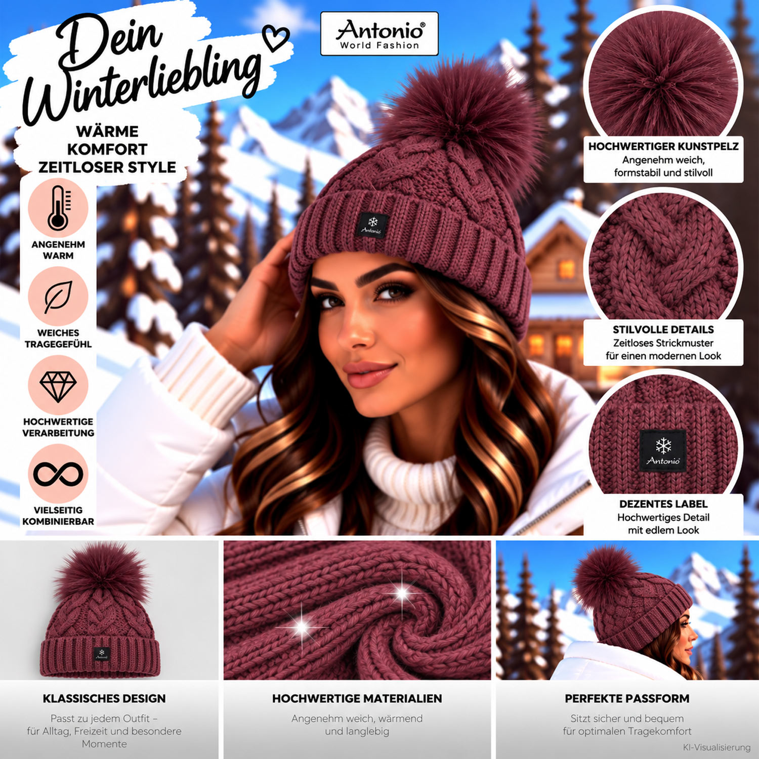 Antonio Damen Strick Mütze Beanie - bordeaux Abbildung 3