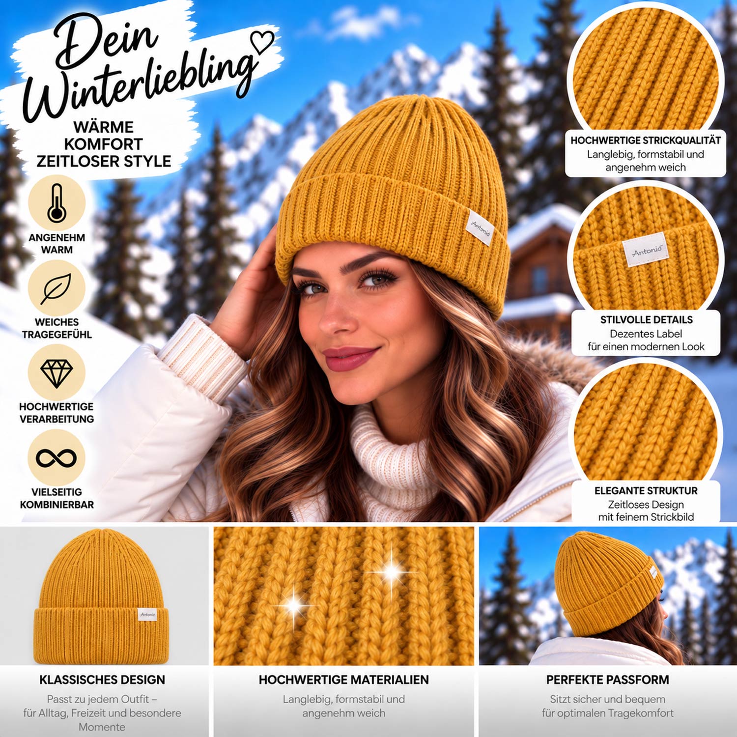 Antonio Winter Strickmütze mit Umschlag - yellow Abbildung 3
