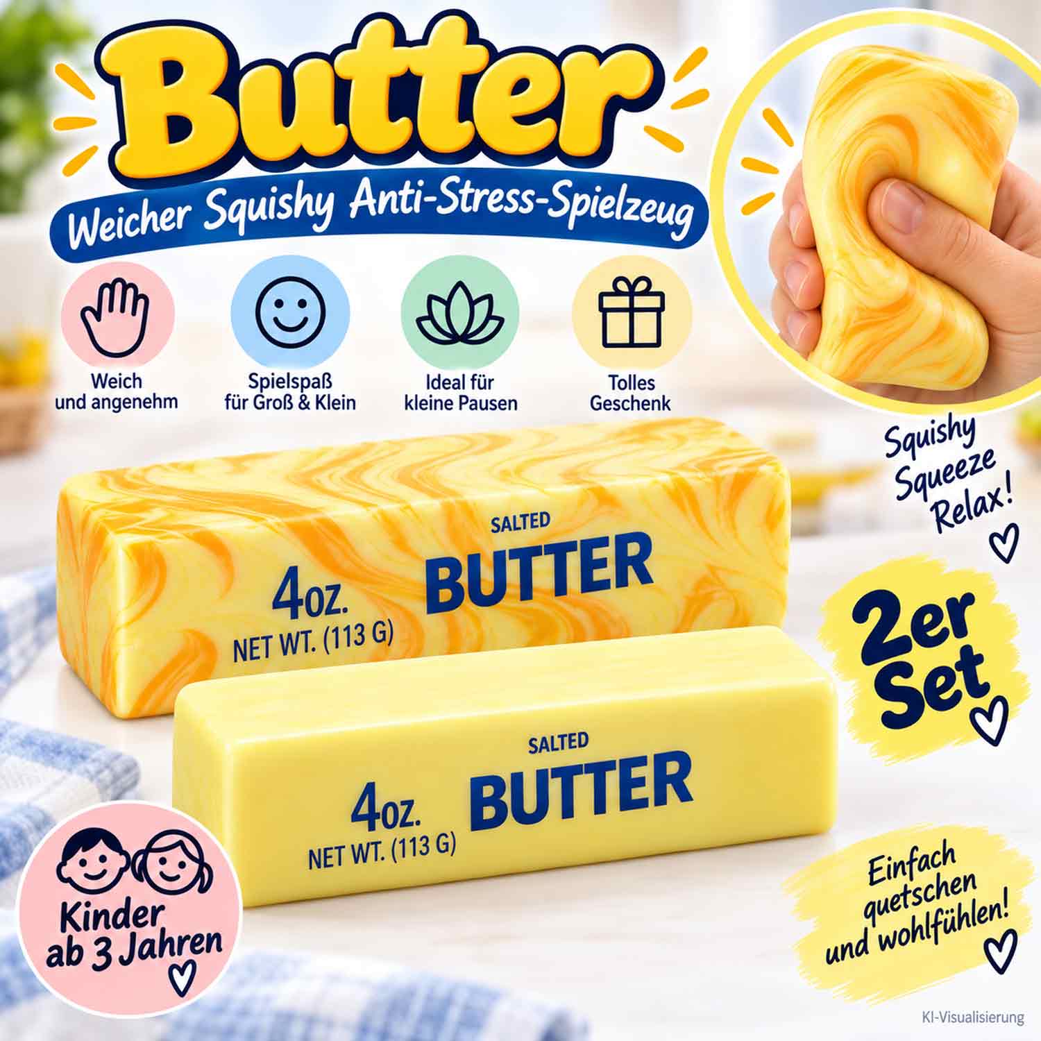 Antonio Butter Squishy 2er Set – Weiches Anti-Stress-Spielzeug - Butter Weicher Abbildung 3