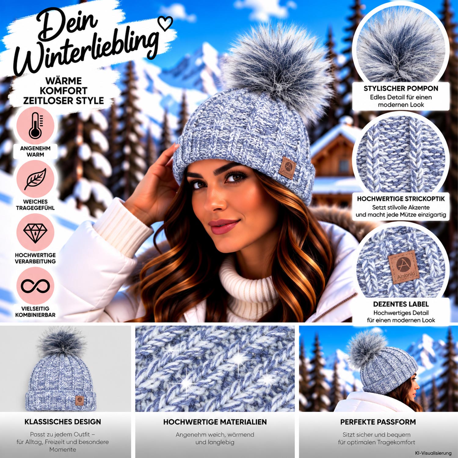 Antonio Damen Strick Mütze Beanie - white/ navy Abbildung 3
