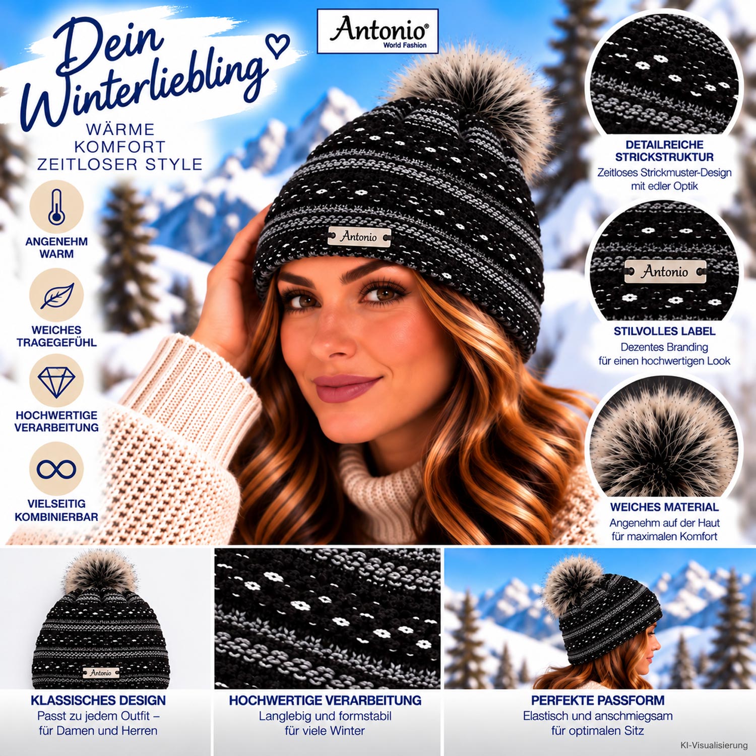 Antonio Strick Mütze Beanie mit Bommel - schwarz Abbildung 3
