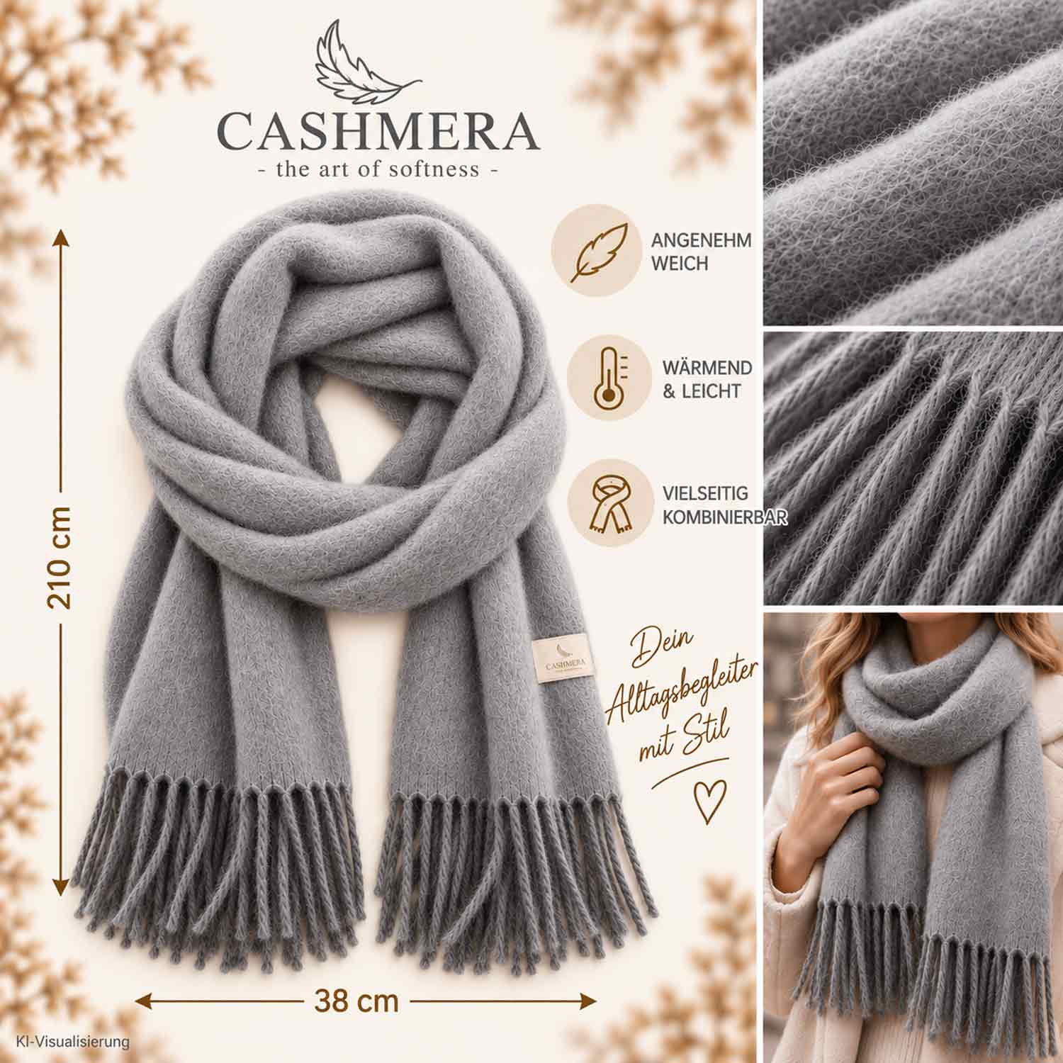 Cashmera Damen Winterschal - grey Abbildung 3