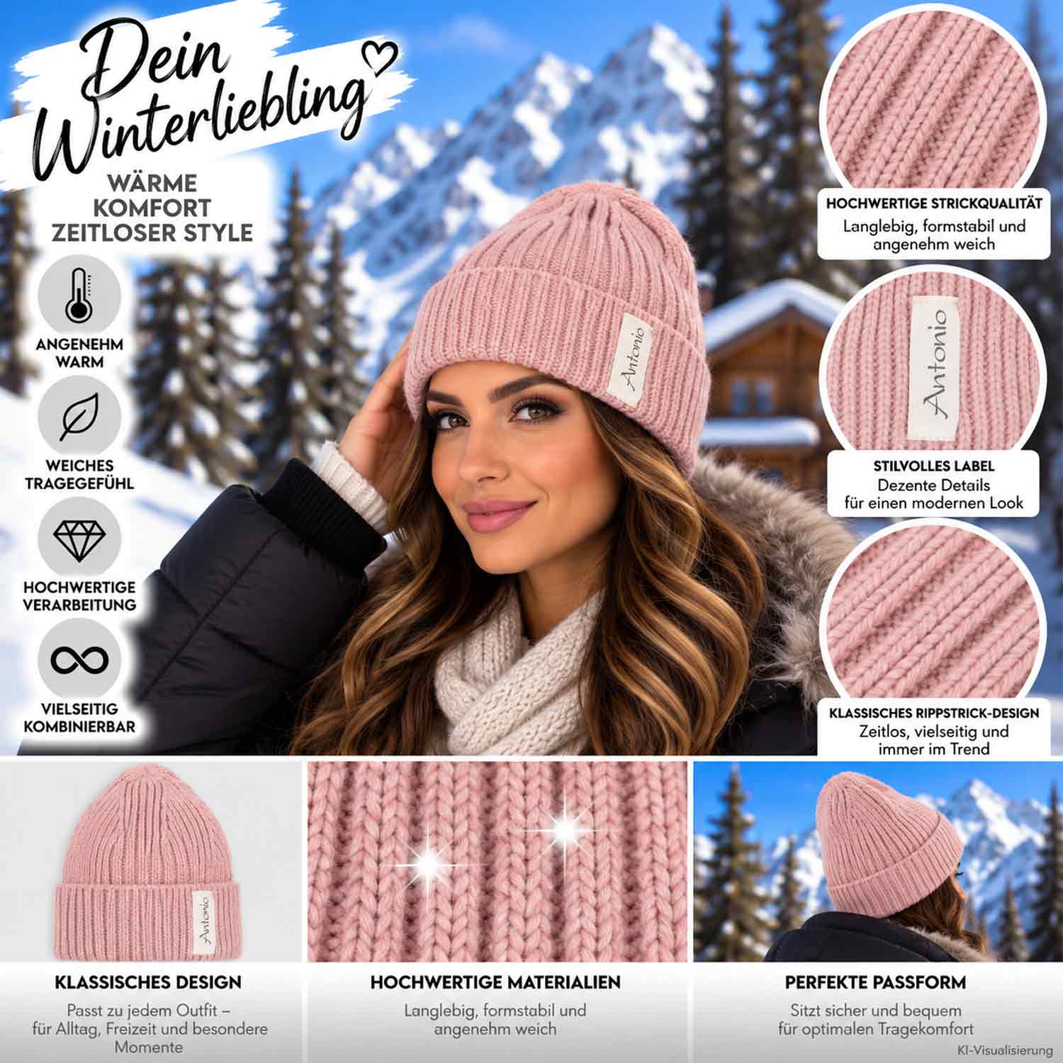 Antonio Winter Strickmütze Beanie mit Umschlag - rosé Abbildung 3