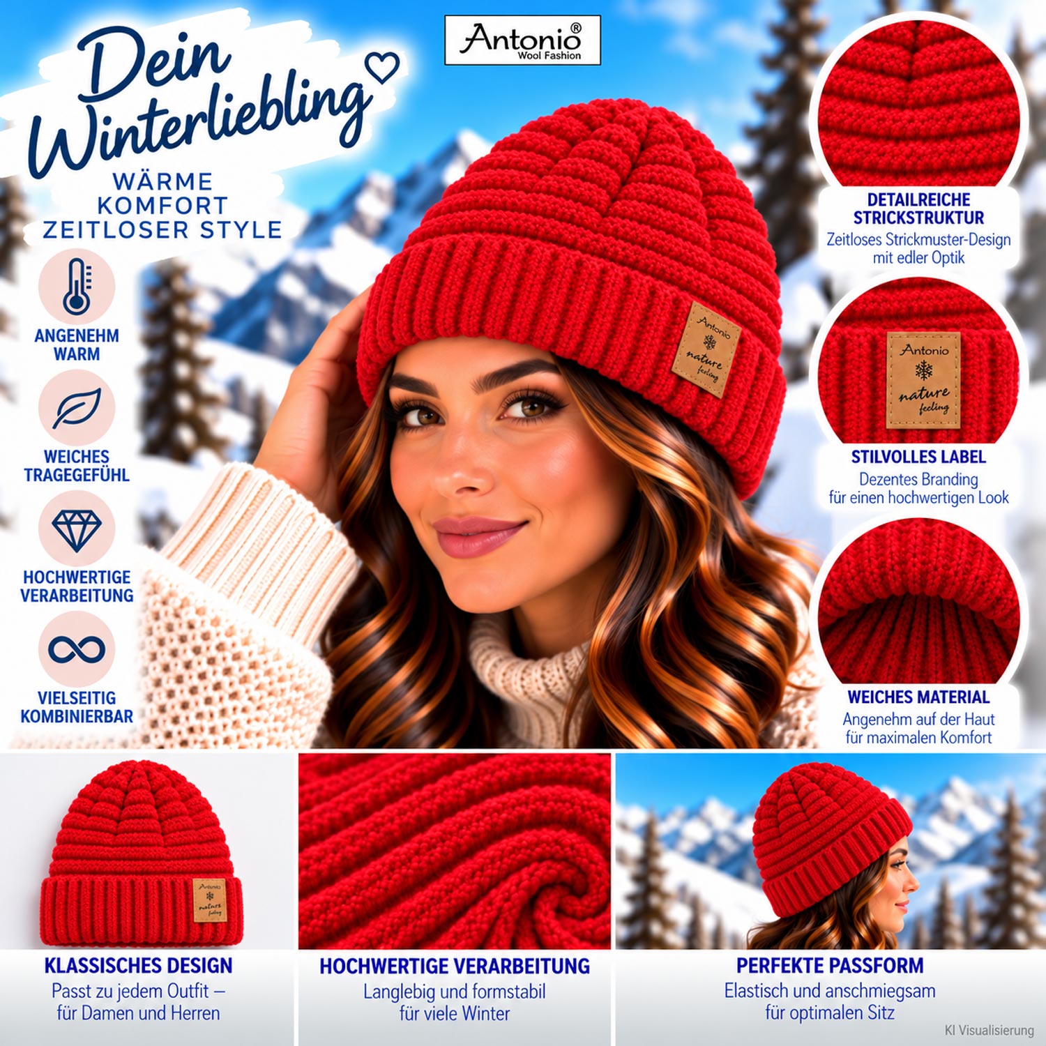 Antonio Damen Strick Mütze Bouclé Beanie - sangria Abbildung 3