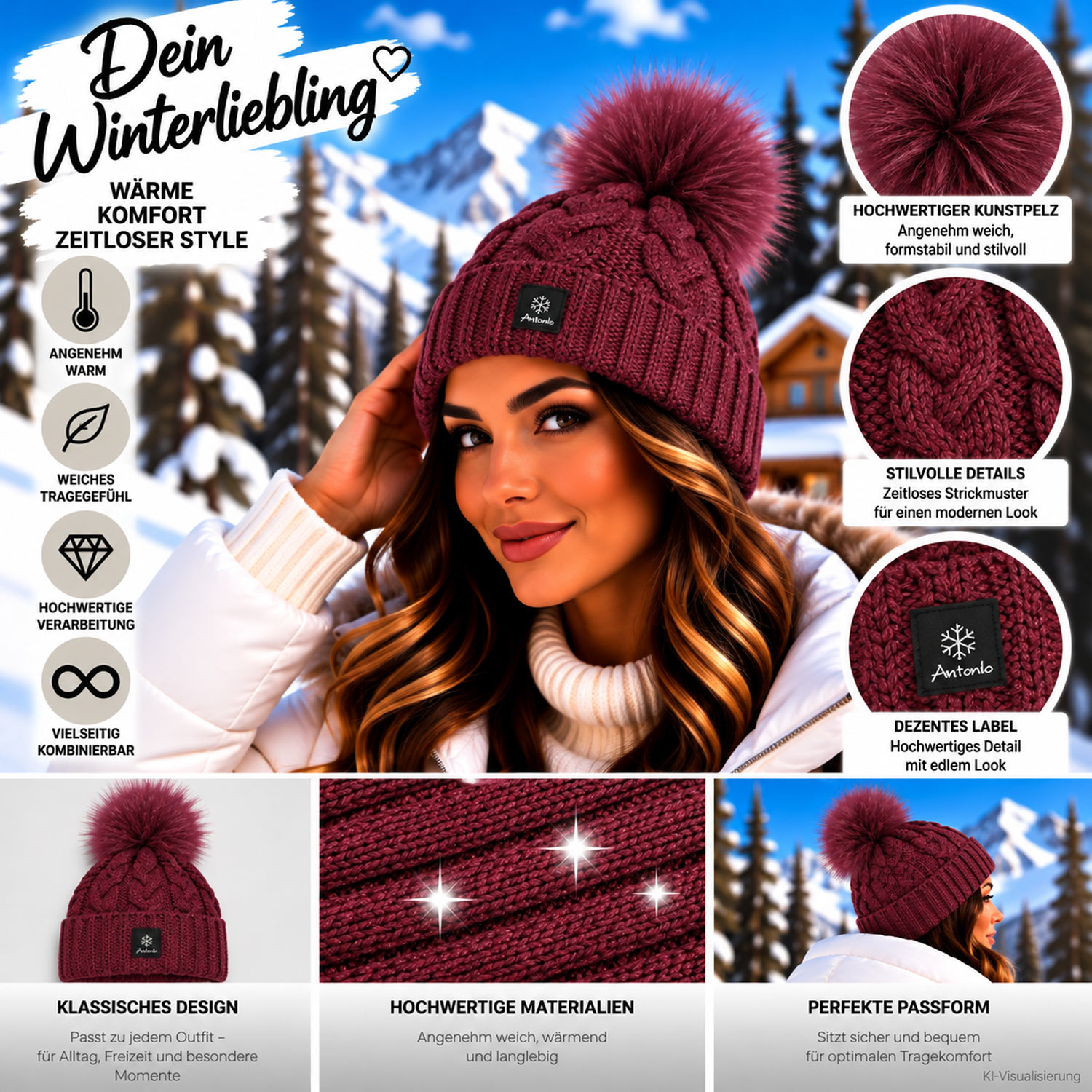 Antonio Damen Strick Mütze Beanie - berry Abbildung 3