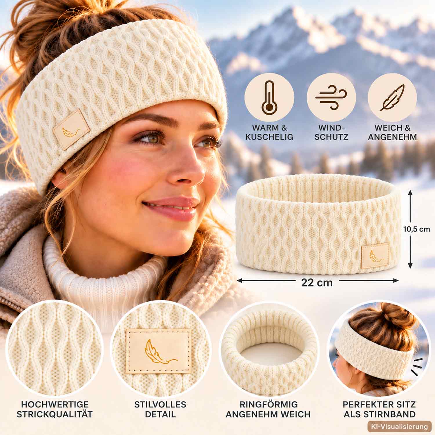 Cashmera Strick Stirnband mit Fleece-Futter - off white Abbildung 3