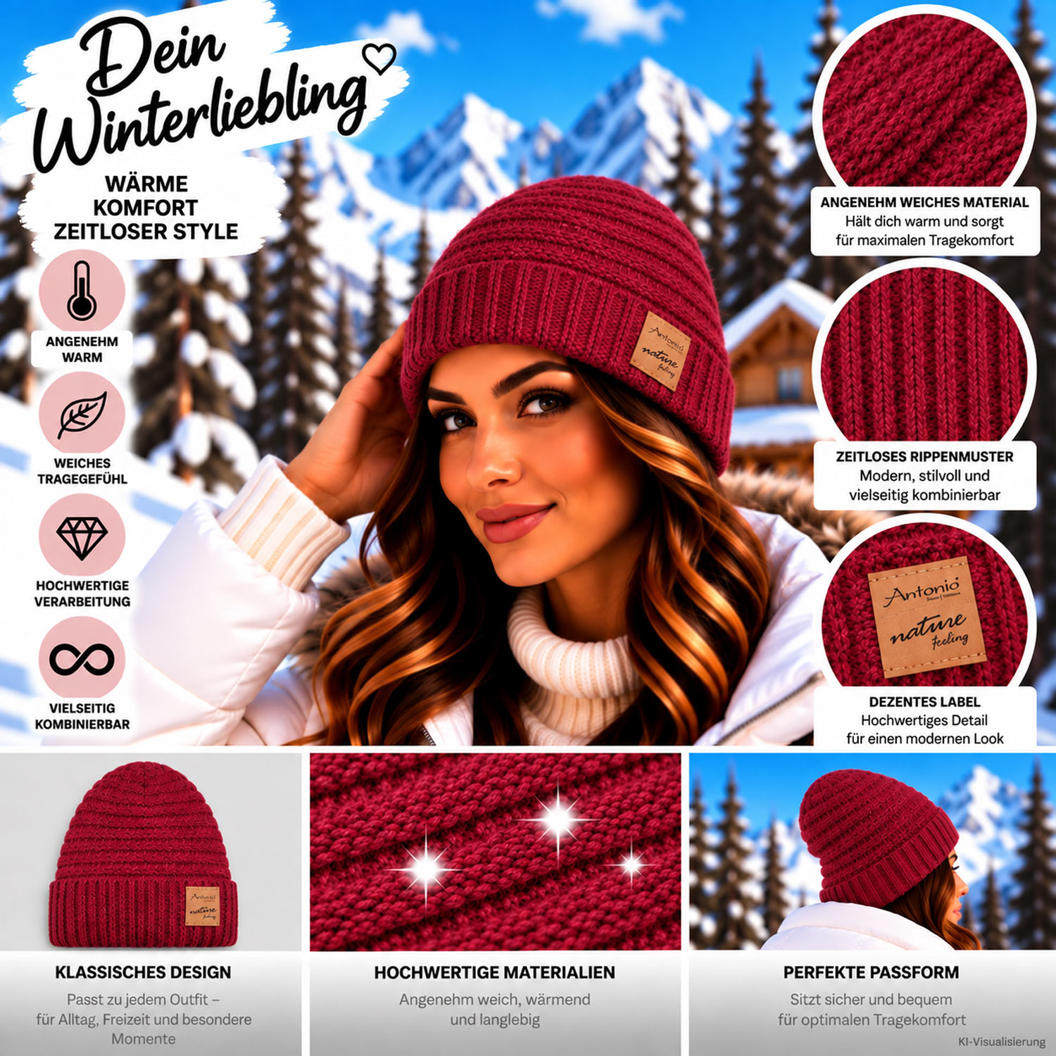 Antonio Damen Strick Mütze Bouclé Beanie - berry Abbildung 3