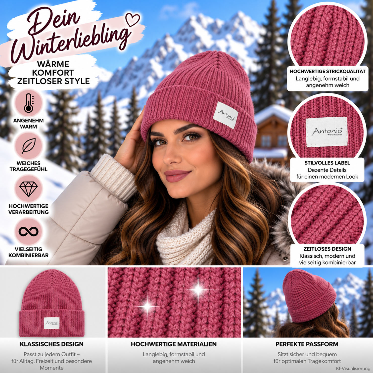 Antonio Winter Strickmütze Beanie mit Umschlag - berry Abbildung 3