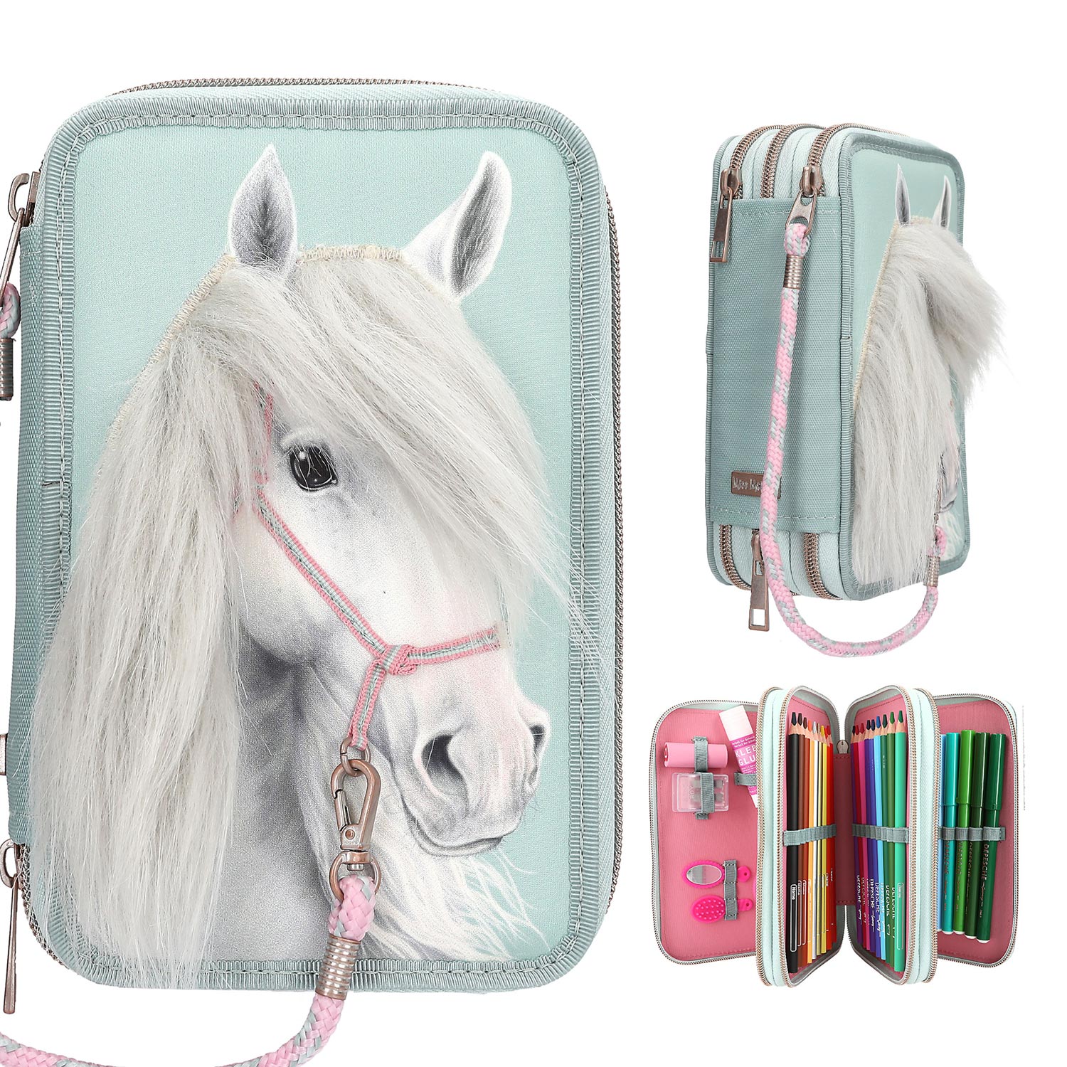 Depesche 3-Fach Federtasche Miss Melody Pferdekopf Applikation Salbei-Grün Abbildung 8