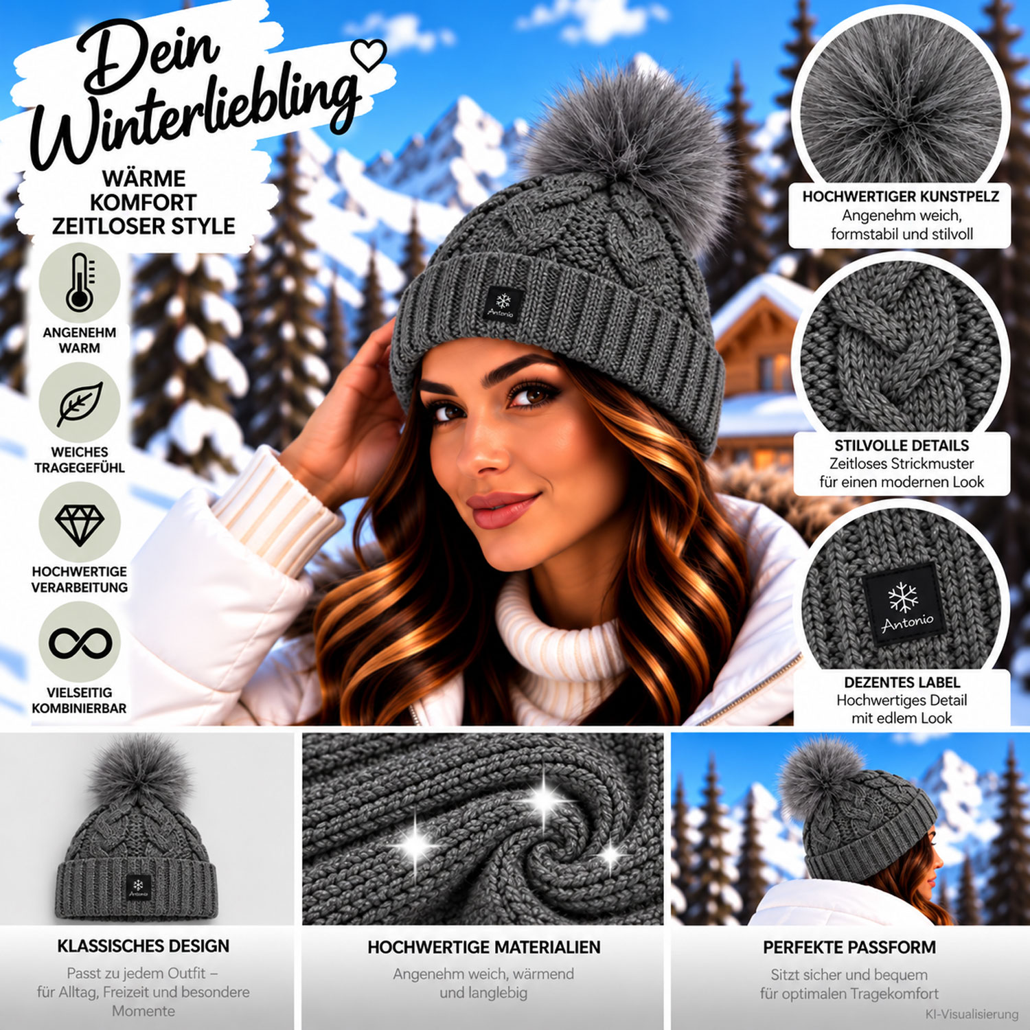 Antonio Damen Strick Mütze Beanie - dark grey Abbildung 3