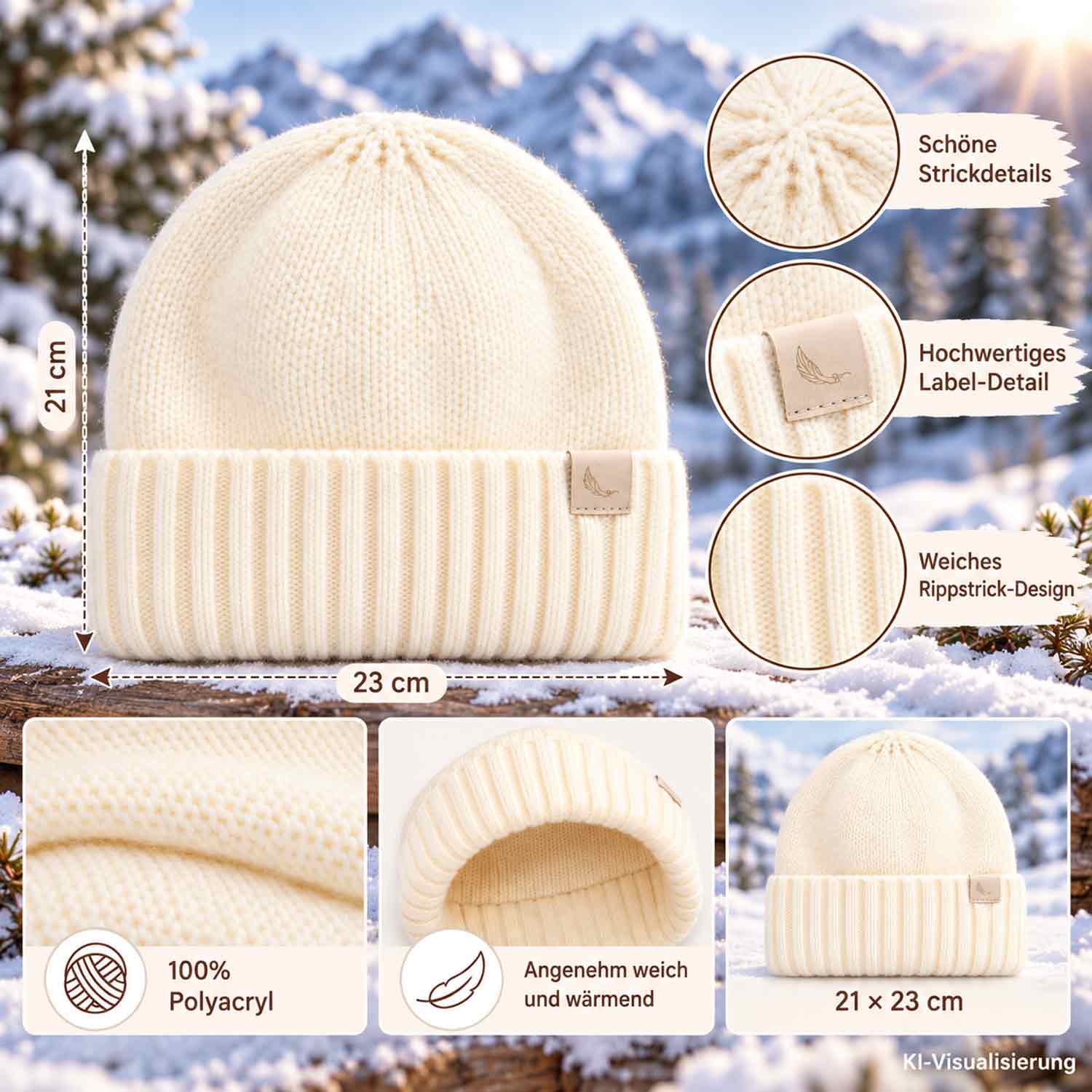 Cashmera Beanie Strickmütze mit Umschlag - off white Abbildung 3